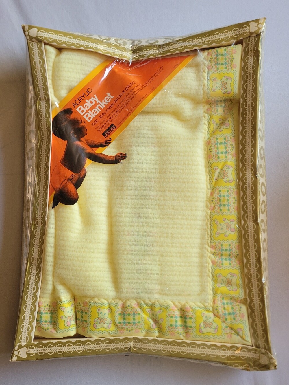 Vintage Montgomery Ward Baby Blanket NOS Opened 36x50 Yellow Bunny Bear Acrylic